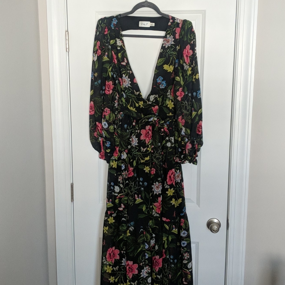 Eliza J Surplice Chiffon Backless Maxi Dress